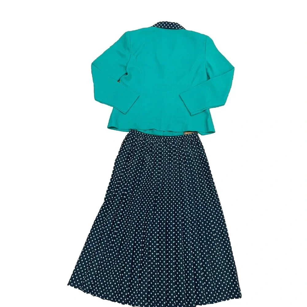 VTG Leslie Fay Skirt Set Green Navy‎ Pleated Blazer Skirt Cottagecore Grandma 12